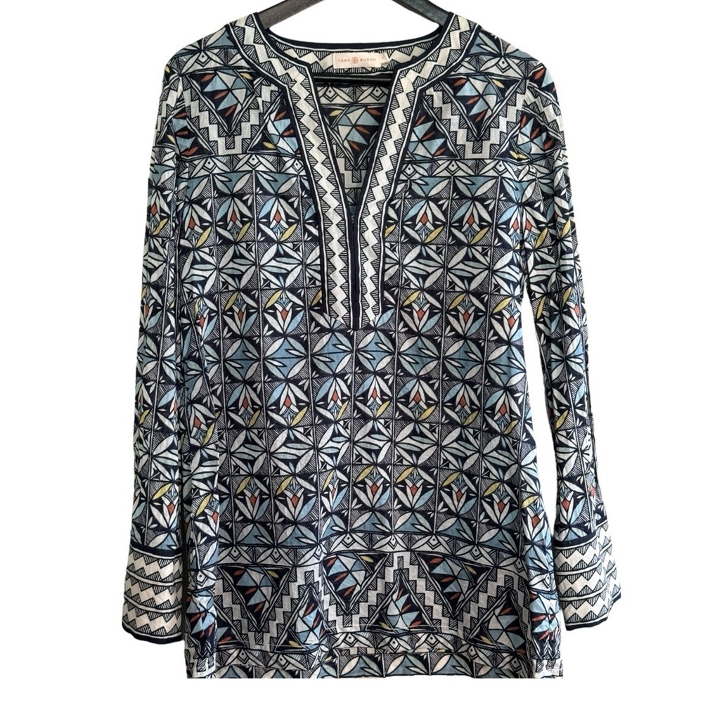 Tory Burch Tunic Navy Blue Long Sleeve Size Small  Geometric Floral Print S